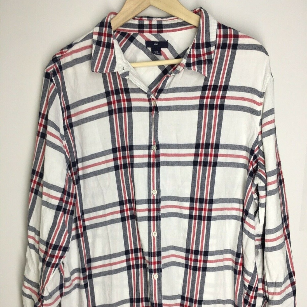 Gap Flannel Plaid White Button Down Blouse Top